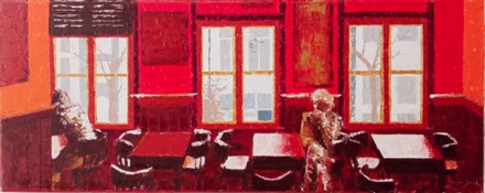 'Vingerhoed' serie 'Cafe Interieurs' 2006
Olieverf op doek, incl lijst 30x80 cm 
Ter adoptie week 32 - 8 augustus 2024